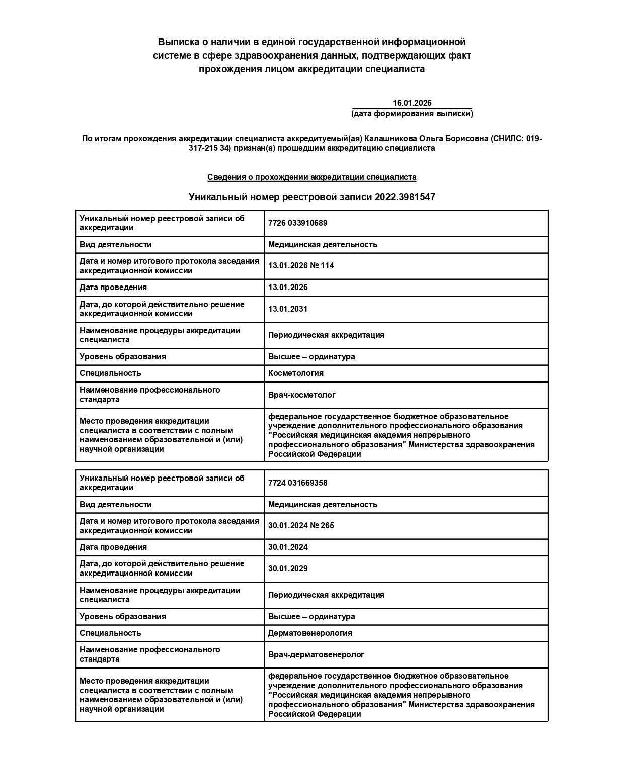 Сертификаты Калашникова Ольга Борисовна